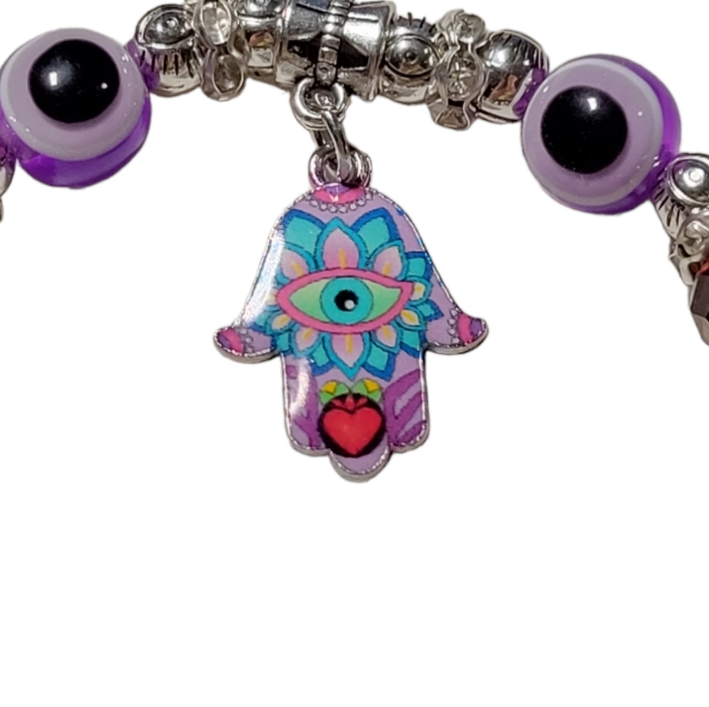 Purple hamsa hand evil eye bracelet - Picture 2 of 3
